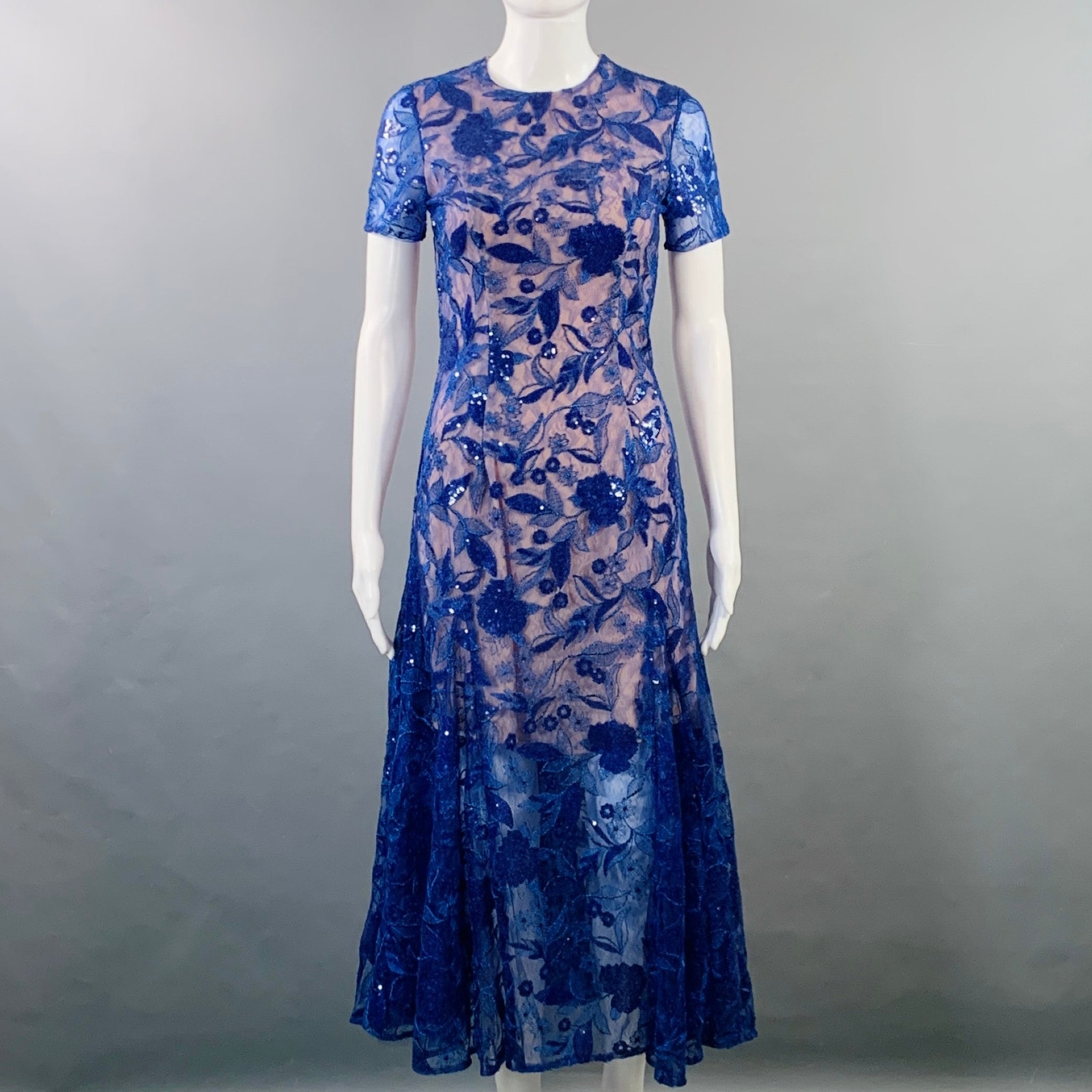 Costarellos Size 4 Blue Nude Lace Sequined Short Sleeve Midi Cocktail Dress